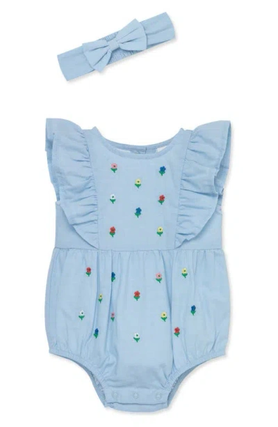 LITTLE ME FLORAL EMBROIDERED COTTON CHAMBRAY ROMPER & HEADBAND SET