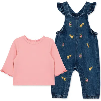 Little Me Babies'  Floral Embroidered Overalls & Shirt Set In Blue