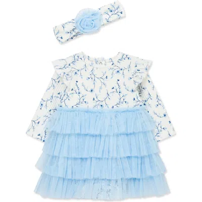 Little Me Babies'  Floral Long Sleeve Tutu Dress & Headband Set In Blue