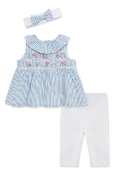 Little Me Babies'  Floral Smocked Tunic, Leggings & Headband Set In Blue