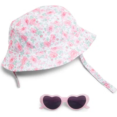Little Me Kids'  Floral Sun Hat & Jelly Heart Sunglasses Set In Pink Multi