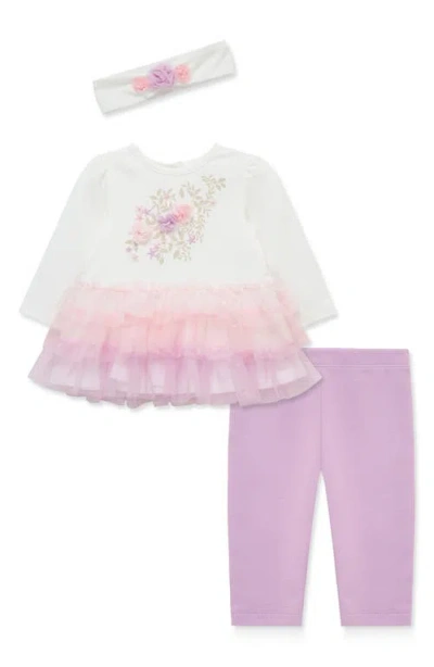 Little Me Babies'  Floral Tiered Tulle Top, Leggings & Headband Set In Purple