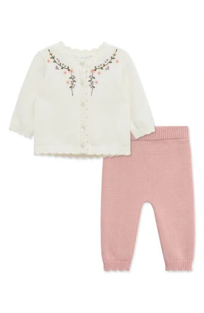 Little Me Babies'  Floral Vine Cardigan & Pants Set In Neutral