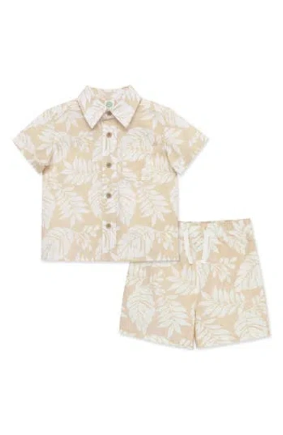 Little Me Foliage Short Sleeve Linen & Cotton Button-up Shirt & Shorts Set In Tan