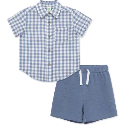 Little Me Babies'  Gingham Cotton Button-up Shirt & Shorts Set In Blue