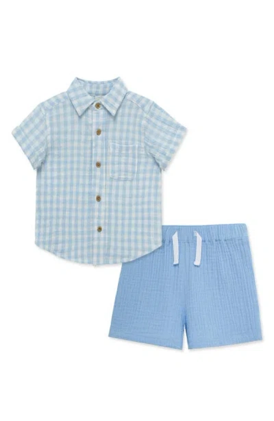Little Me Babies'  Gingham Cotton Button-up Shirt & Drawstring Shorts Set In Blue