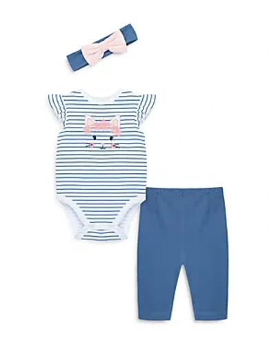 Little Me Girls' Bow Headband, Kitty Bodysuit, & Bow Trousers Set - Baby In Blue