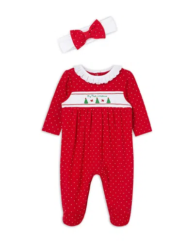 Little Me Girls' Dainty Trees Cotton Footie & Headband - Baby In Red