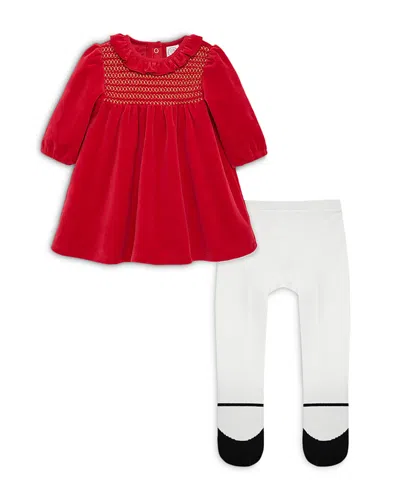Little Me Girls' Gold Tone Smocked Dress & Tights Set - Baby In Red