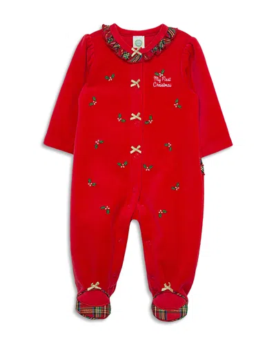 Little Me Girls' Holly Plaid Velour Footie - Baby In Red