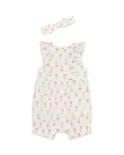 Little Me Girls' Tulips Cotton Romper With Headband - Baby In Pink