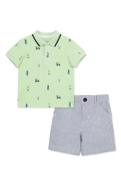 LITTLE ME LITTLE ME GOLF PRINT COTTON POLO & STRIPE SHORTS SET