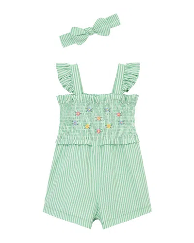 Little Me Kids' Green Embroidered Wvn Romper Headband