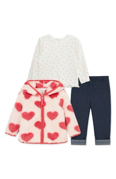 Little Me Babies'  Heart Fleece Hoodie, Long Sleeve Top & Leggings Set In White