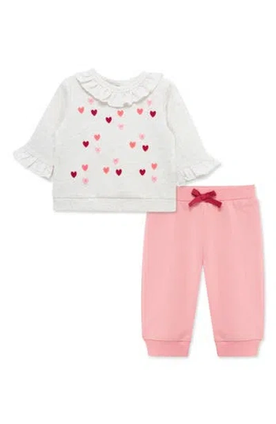 Little Me Babies'  Hearts Active Ruffle Sweatshirt & Pants Set In Pink