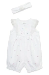 Little Me Hearts Embroidered Cotton Romper & Headband Set In Multi Pink