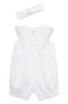 Little Me Hearts Embroidered Cotton Romper & Headband Set In White