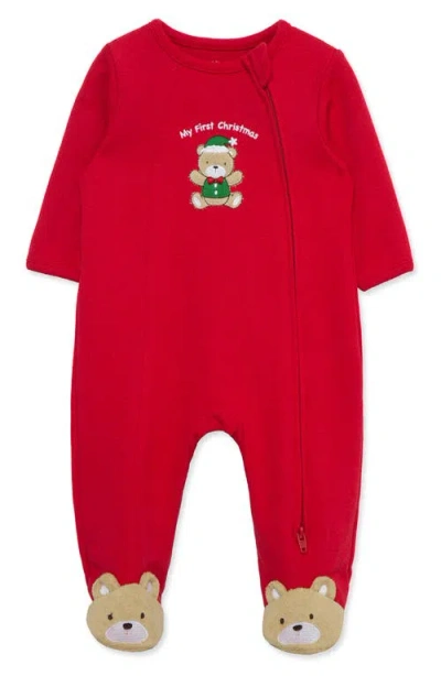Little Me Baby Holiday Bear Cotton Footed Coverall In Red