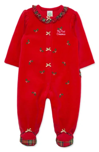 Little Me Babies'  Holly Embroidered Plaid Trim Cotton Blend Velour Footie In Red
