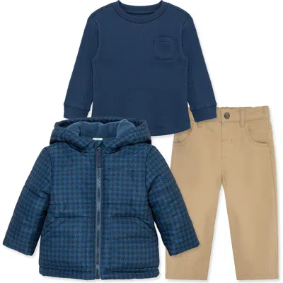 Little Me Babies'  Houndstooth Hooded Puffer Jacket, Shirt & Pants Set In Blue
