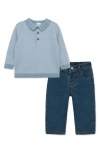 Little Me Jacquard Polo & Denim Jeans Set In Blue