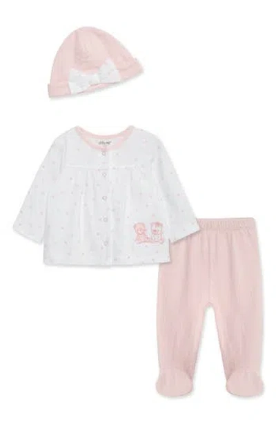 Little Me Babies'  Joyful Cardigan, Diamond Quilt Pants & Cap Set In Multi