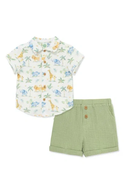 Little Me Babies'  Jungle Cotton Button-up Shirt & Shorts Set In Green