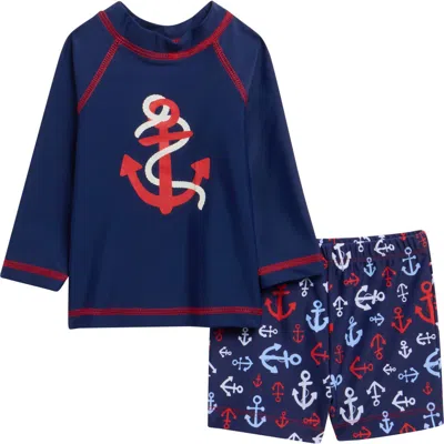 Little Me Babies'  Kids' Anchor Long Sleeve Rashguard & Swim Trunks Set In Blue