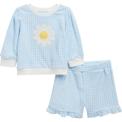 Little Me Babies'  Kids' Daisy Appliqué Cotton Blend Gingham Top & Shorts Set In Blue