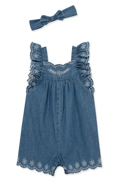Little Me Babies'  Kids' Embroidered Chambray Romper & Headband Set In Blue