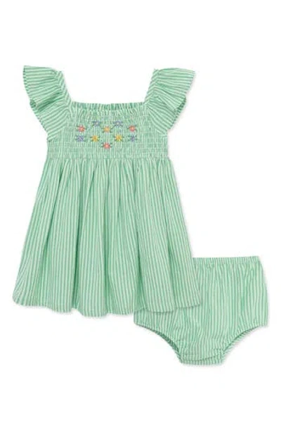 Little Me Babies'  Kids' Embroidered Stripe Seersucker Sundress & Bloomers Set In Green