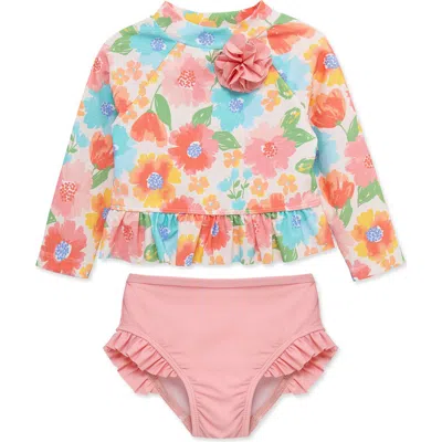 Little Me Babies'  Kids' Floral Ruffle Long Sleeve Two-piece Rashguard Swimsuit In Multi