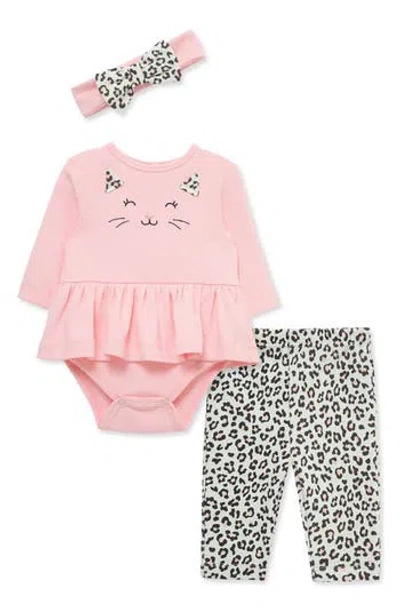 Little Me Babies'  Leopard Bodysuit, Pants & Headband Set In Pink