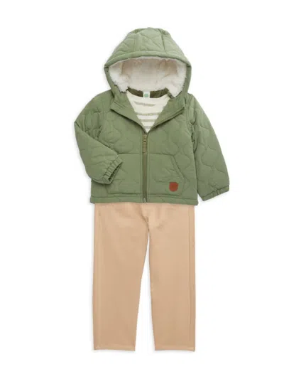 Little Me Babies' Little Boy's 3-piece Faux Fur Lined Jacket, Striped Tee & Pants Set In Green