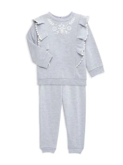 Little Me Babies' Little Girl's 2-piece Embroidered Sweatshirt & Pants Set In Grey