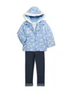 Little Me Little Girl's 3-piece Floral Puffer Jacket, Tee & Leggings Set In Blue Multi