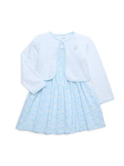 Little Me Babies' Little Girl's Daisy 2-piece Print Dress & Striped Cardigan Set In Blue