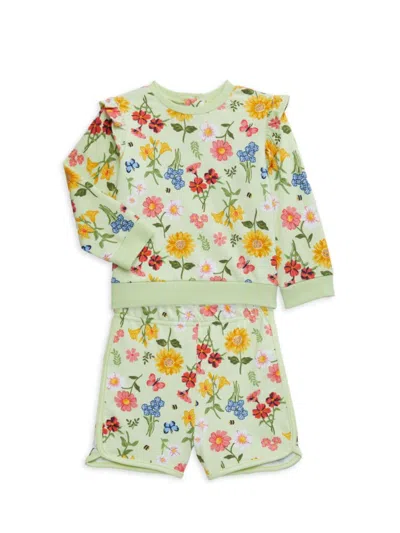 Little Me Babies' Little Girl's Garden 2-piece Floral Sweatshirt & Shorts Set In Green Multi