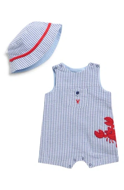 Little Me Babies'  Lobster Detail Cotton Seersucker Shortalls & Hat Set In Blue