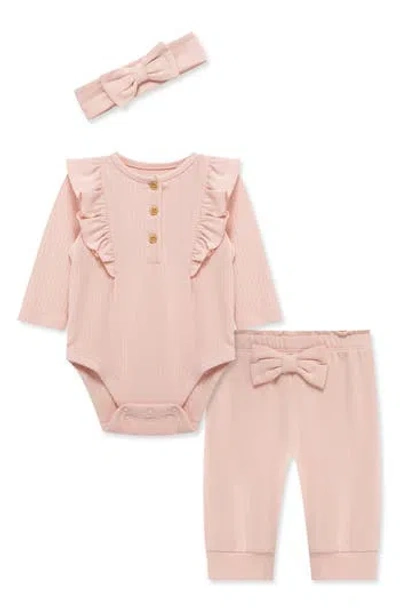 Little Me Babies'  Long Sleeve Bodysuit, Pull-on Pants & Headband Set In Metallic