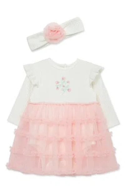 Little Me Babies'  Long Sleeve Tutu Bodysuit Dress With Headband In Pink