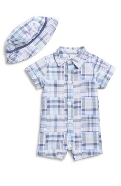 Little Me Babies'  Madras Plaid Romper & Hat Set In Blue