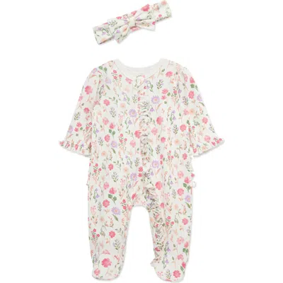 Little Me Babies'  Meadow Garden Ruffle Cotton Footie & Headband Set In Multi