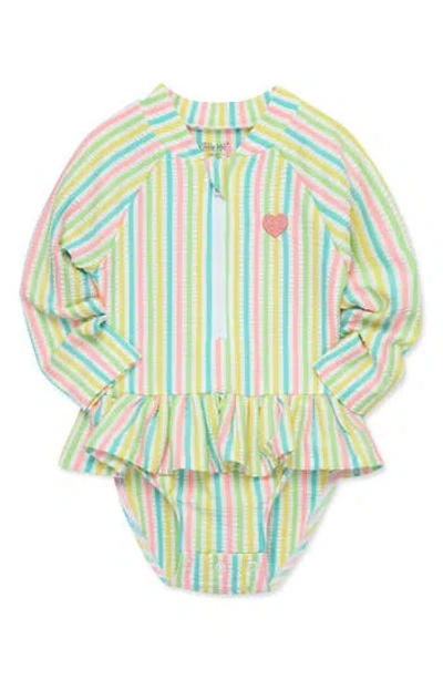 Little Me Babies'  Multi Stripe Ruffle Long Sleeve Rashguard Swimsuit In Green Multi
