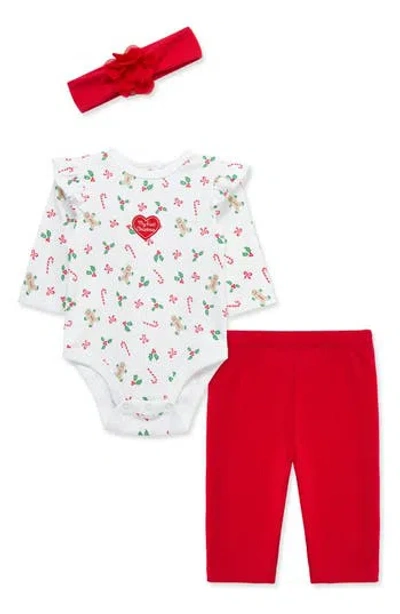 Little Me Babies'  My First Christmas Holiday Bodysuit, Leggings & Headband Set In Red