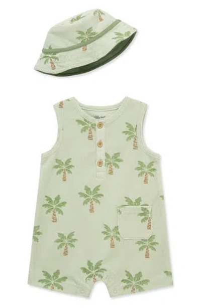 Little Me Babies'  Palm Tree Terry Romper & Hat Set In Green