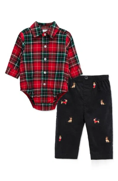 Little Me Babies'  Plaid Bodysuit & Pups Corduroy Pants Set In Red