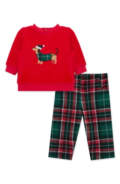 Little Me Babies'  Plaid Puppy Velour Top & Pants Set In Multi