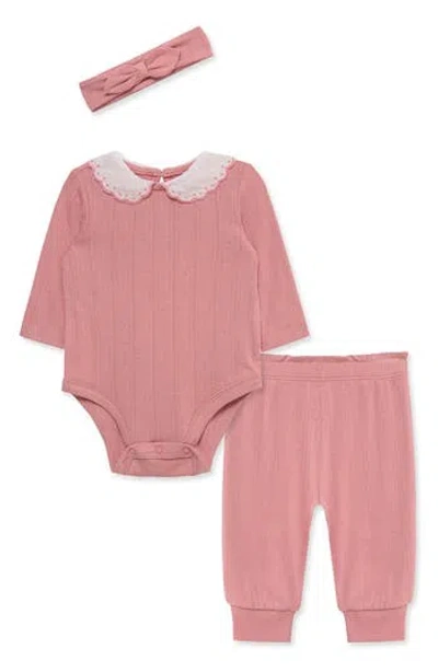Little Me Babies'  Pointelle Bodysuit, Joggers & Headband Set In Pink