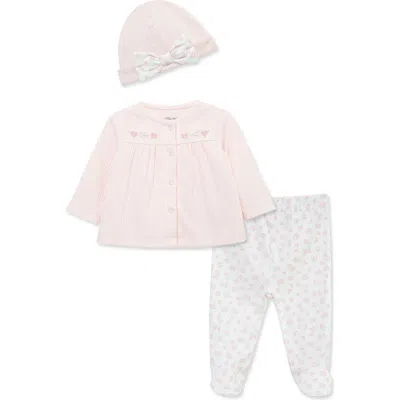 Little Me Babies'  Pretty Floral Organic Cotton Cardigan, Pants & Hat Set In Multi